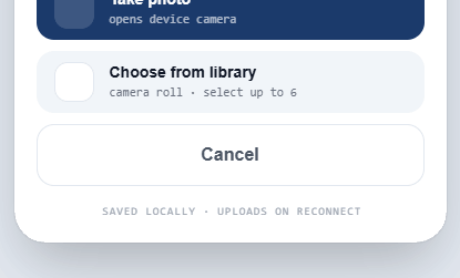 Jokki field app — add photos to a work order, saved locally and uploaded on reconnect