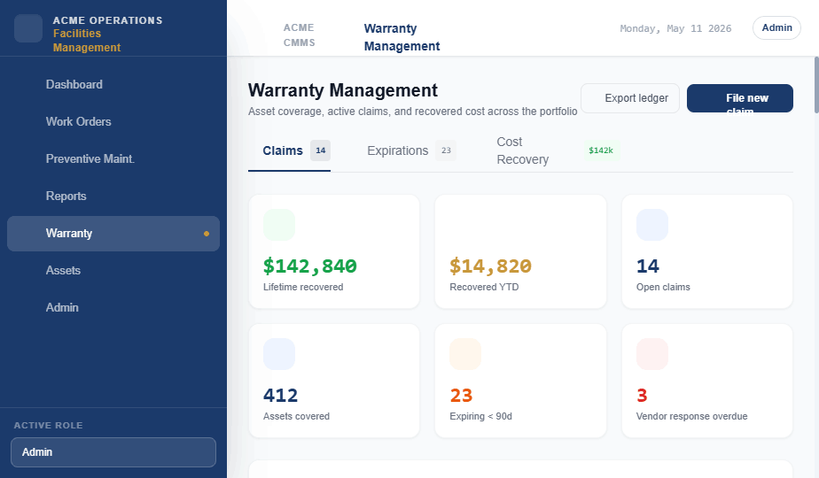 Jokki warranty management — claims, expirations, lifetime recovered, assets covered